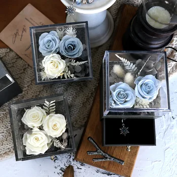 

Eternal Flower Handmade Preserved Real Rose Jewelry Box Holder Immortal Flowers Valentines Day Birthday Gifts Wedding Supplies