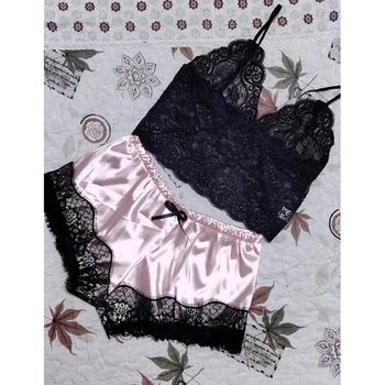 

High Quality Floral Cami Top With Lace Trim Satin Shorts Lingerie Set Sexy Women Bra And Panty Set Sleeveless Underwear Set