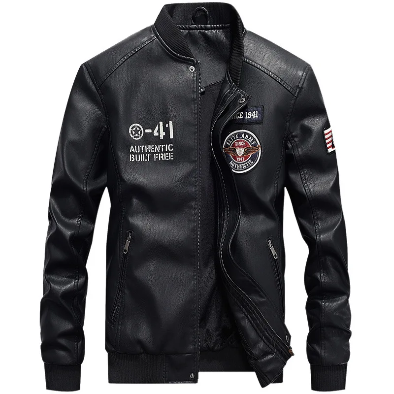 Кожаная куртка-бомбер для мужчин осень зима ПУ мотоциклетная куртка флисовая теплая бейсбольная куртка с воротником облегающие мужские военные куртки - Цвет: Black FK107