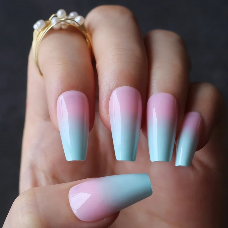 Long Pink Blue Ombre Coffin French Shiny Fake Nails Summer Lovely ...