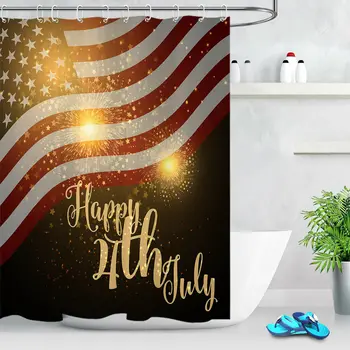 

Happy Independence Day Fireworks Bathroom Waterproof Fabric Shower Curtain Hooks