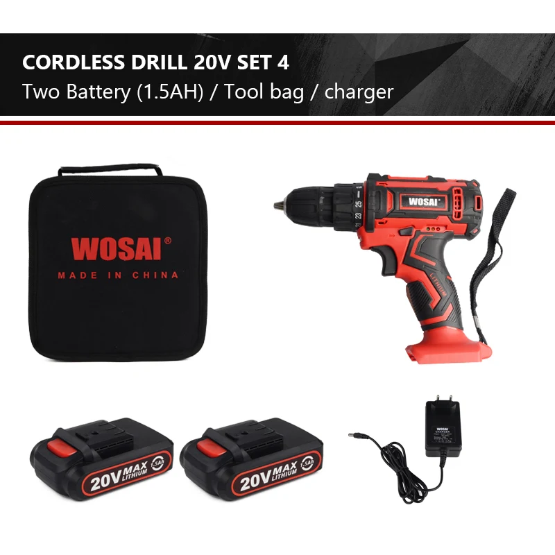 WOSAI 20V Аккумуляторная дрель электрическая отвертка Мини Беспроводной Мощность драйвер постоянного тока литий-ионный Батарея 3/8-дюймов 2 Скорость 4,8 - Цвет: Set 4