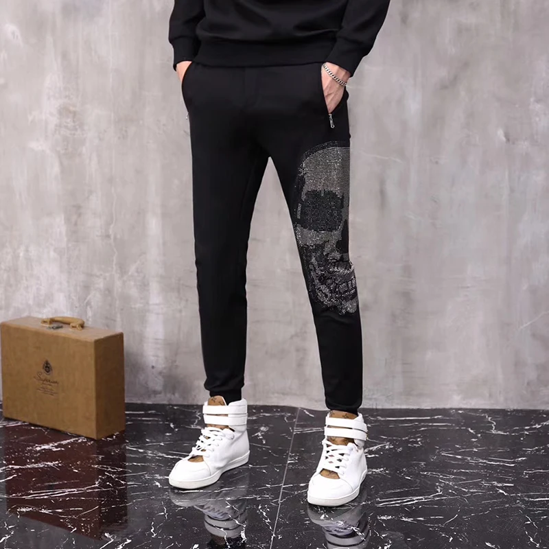2 шт./компл.) в форме черепа мужские Длинные рукава Спортивный костюм бисер худи с изображением черепов и штаны на осень-зиму Повседневная Спортивная черный костюм