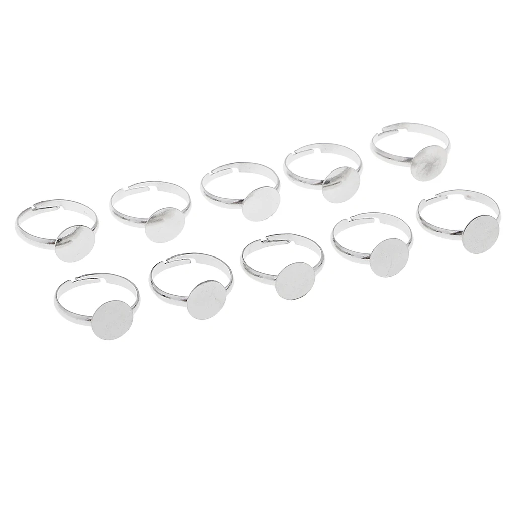 10Pcs 10mm Pad DIY Ring Base Adjustable Ring Blanks Glue On Cabochons Rings