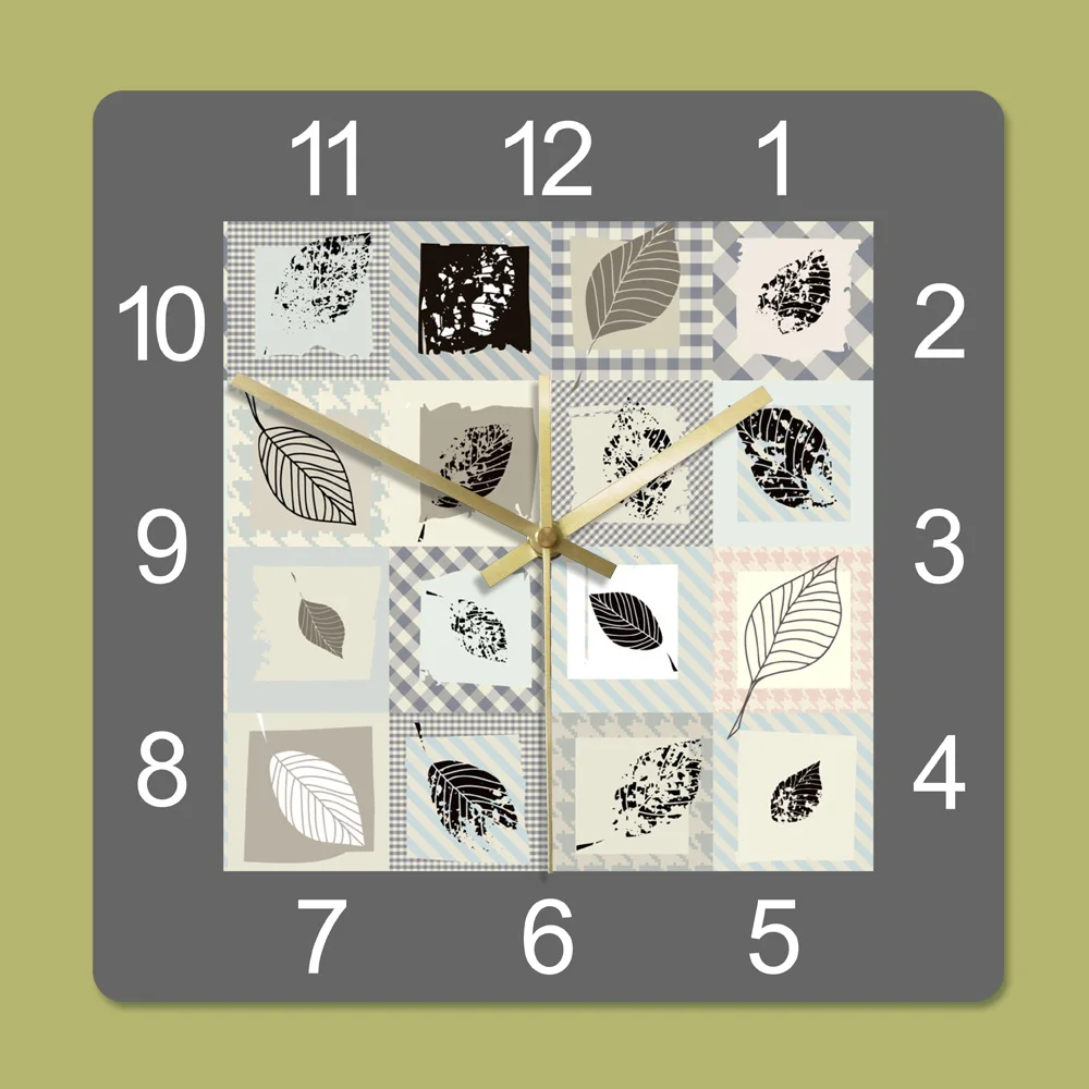 Leaf Texture Pattern Minimalist Fashion Printed Acrylic Wall Clock Modern Design Home Decor Non Ticking Quartz Hanging Clocks