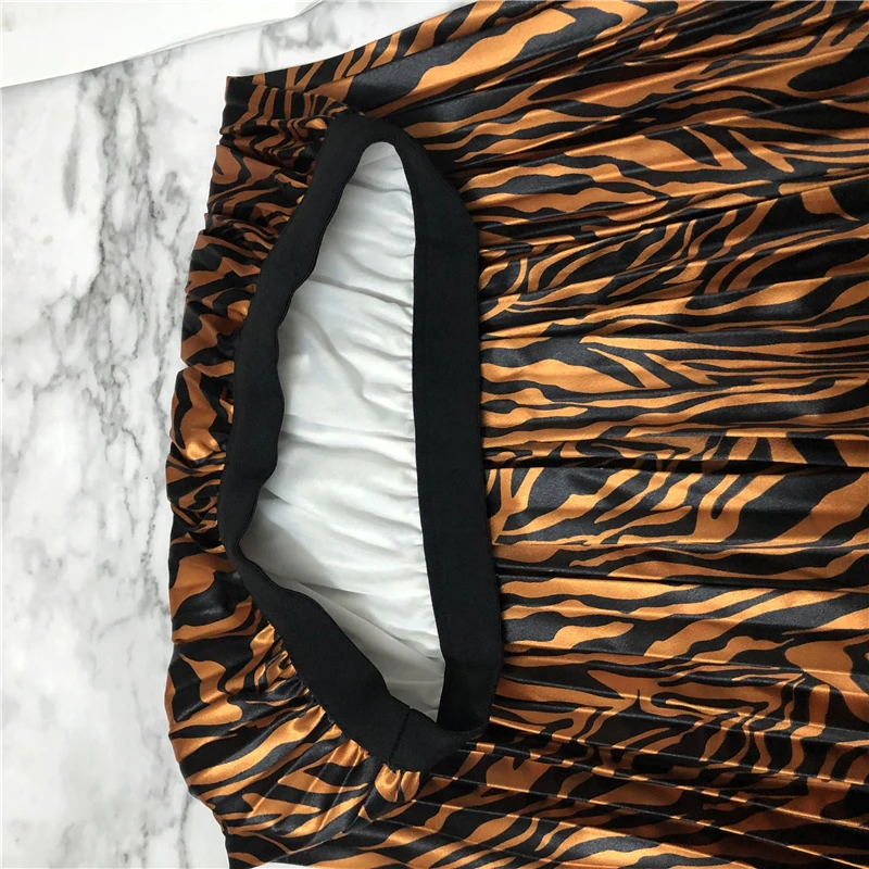REALEFT New Women Brown Zebra Pattern Elegant Pleated Long Skirts High Waist Harajuku Tulle A-Line Mid-Calf Skirts Female