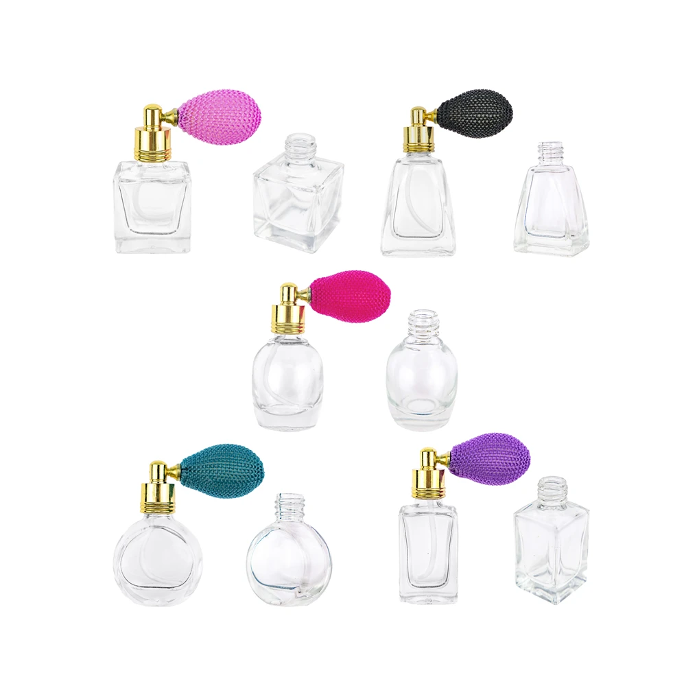 Mini Glass Spray Perfume Bottle with Gold Metal Cap, Short Atomizer, Refillable Small Jars, 5 Different Shape, 10ml, 5 PCs/Bag
