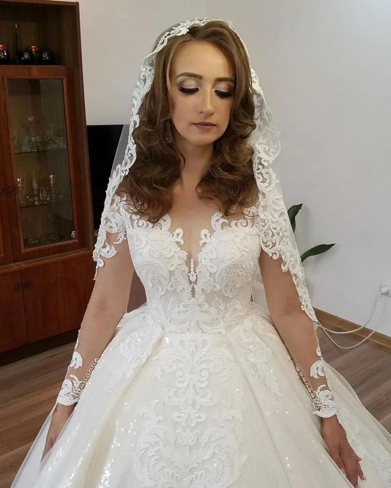 Великолепное бальное платье, свадебные платья с длинным рукавом, кружевные аппликации, свадебные платья с бусинами, арабские женские платья