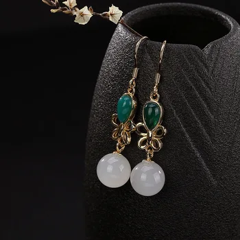 

pure silver earrings hetian jade natural butterflies retro high-grade personality Ms. Eardrop accessories wholesale