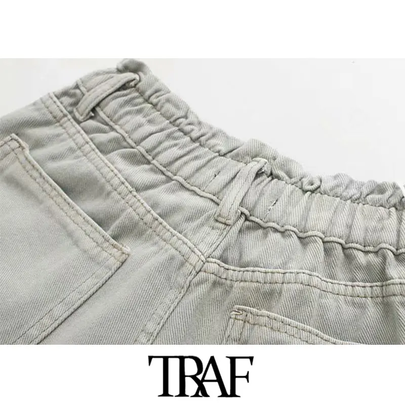 TRAF, женские винтажные стильные джинсы с карманами и высокой талией, модные эластичные женские джинсовые шаровары