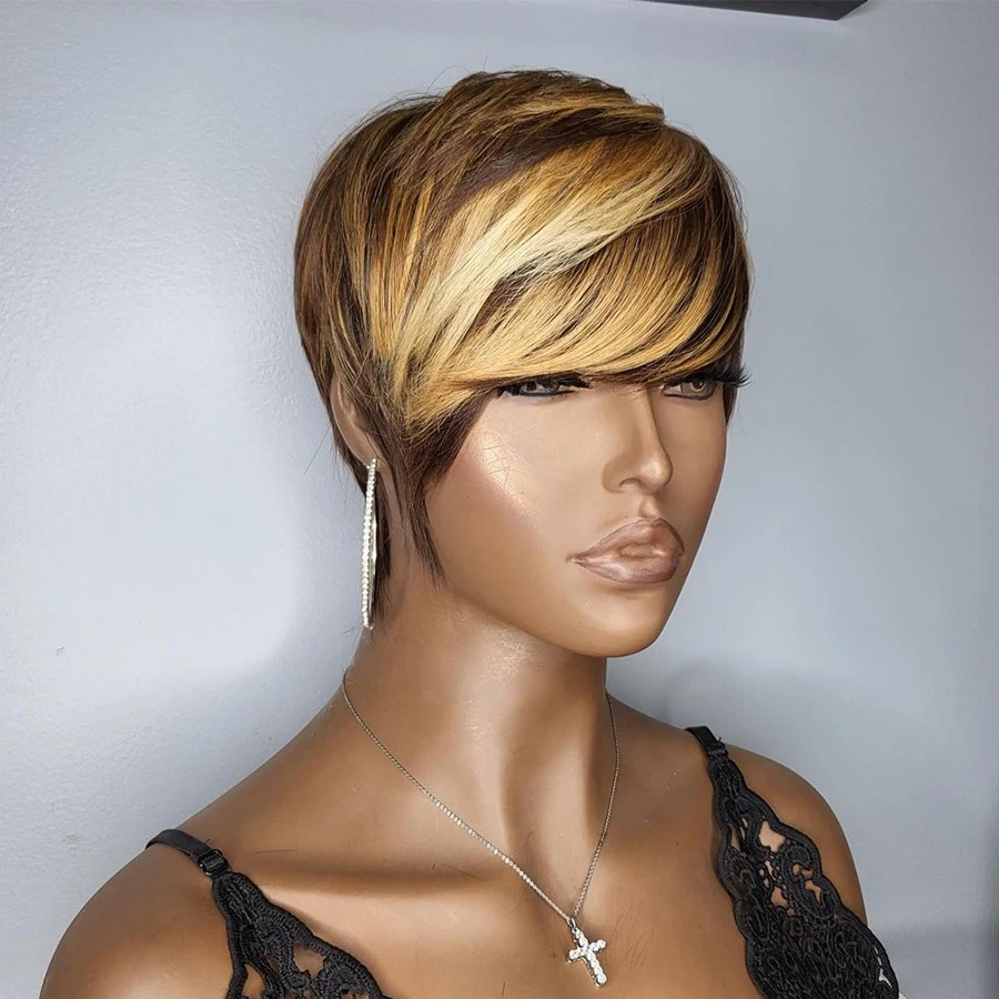 Short Pixie Cut Bob Wig Wavy Highlight 4/27 Human Hair Wig No Lace Wigs Full Machine Made For Black Women Wavy Ombre Colored Wig 3 Short Pixie Cut Bob Wig Wavy Highlight 4/27 Human Hair Wig No Lace Wigs Full Machine Made For Black Women Wavy Ombre Colored Wig