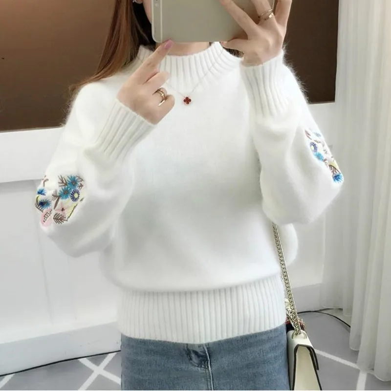 Neploe водолазка вышивка женские зимние свитера однотонный Свободный цветочный пуловер Длинный рукав джемпер свитер элегантный свитер 45448 - Цвет: white