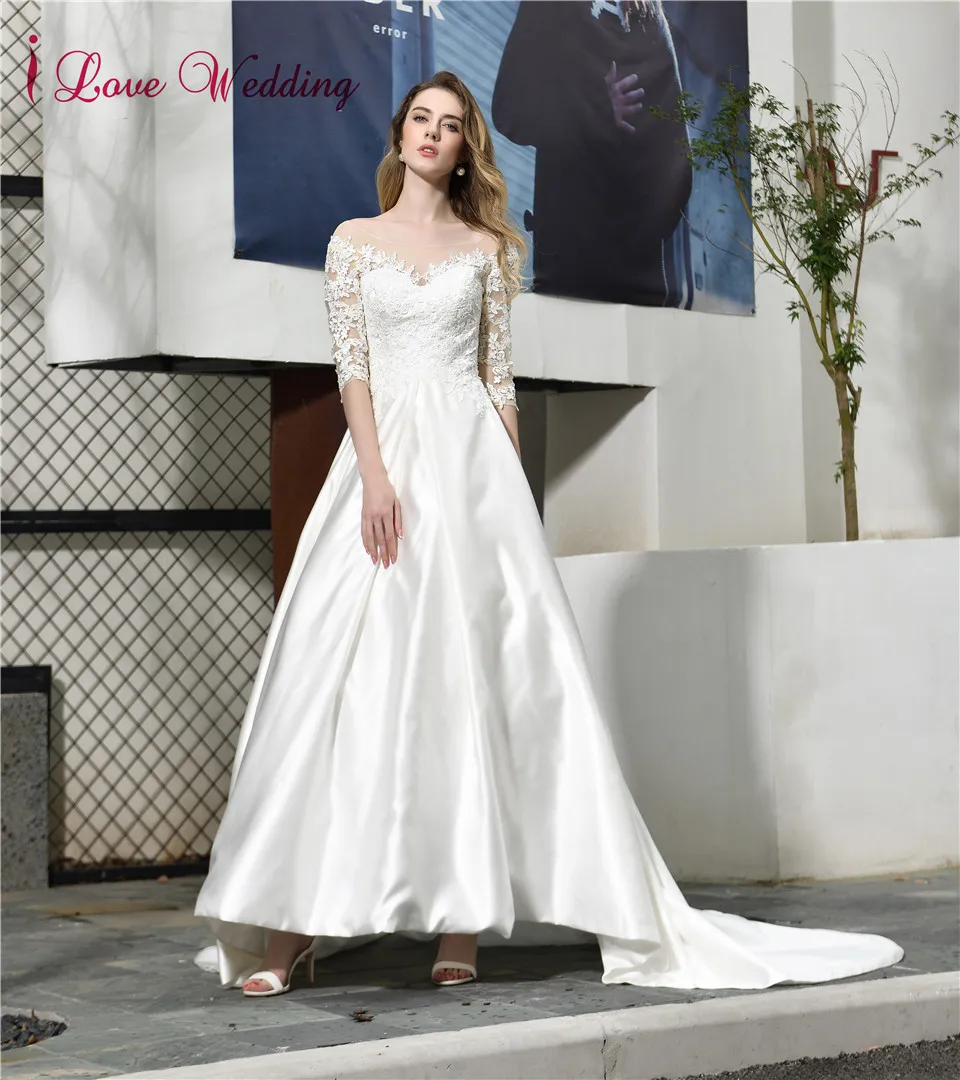Vestido De novia Половина рукава невесты платье на заказ с аппликацией из кружева атласный суд Поезд Линия Свадебные платья