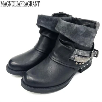 

Fashion Retro Punk Gothic Style belt buckle Belts Round Toe Boots Women Shoes Casual Short Woman Boots Mujer Zapatos y132