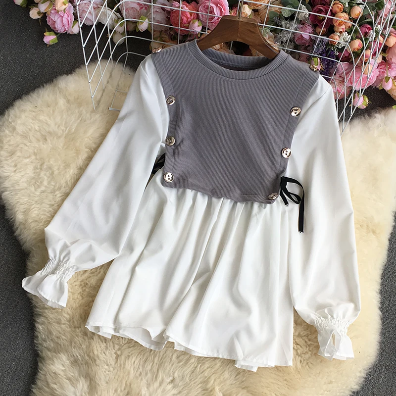 Women's Knit Patchwork Fake Two-Piece Shirt Casual Lantern Sleeved Tops Office Ladies Lace Up Knitted Blouse Pullovers Sweater