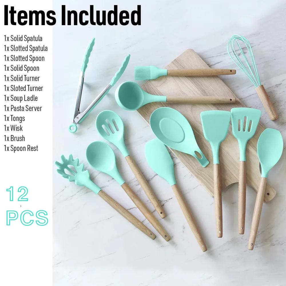 

12Pcs Silicone Cooking Kitchen Utensil Set Non-stick for Cookware Utensils Sets Kitchen Utensils Tools with Wooden Handles Green