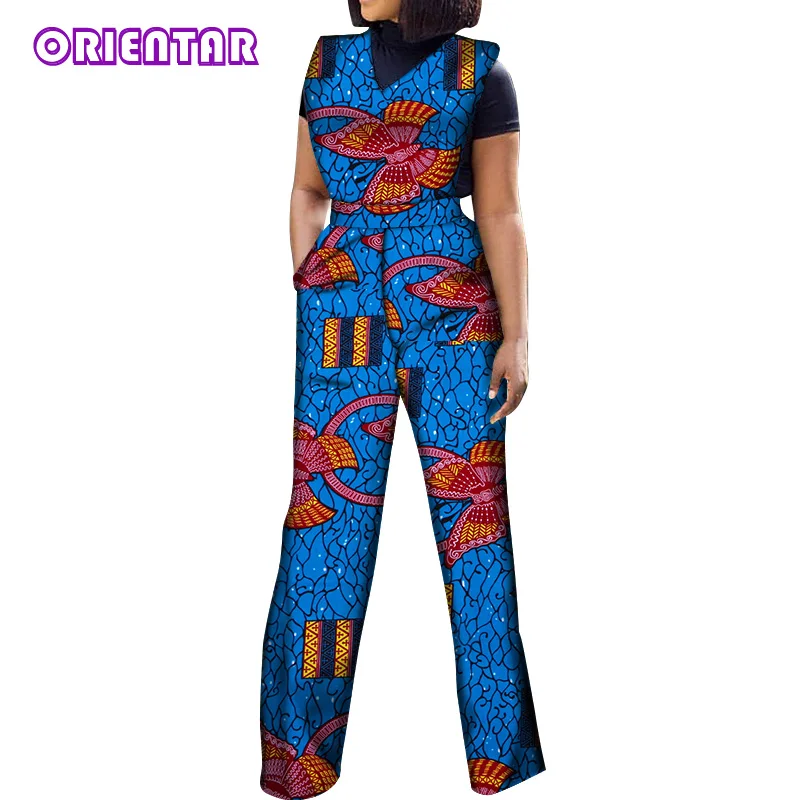 African Jumpsuits for Women V-Neck Sleeveless Autumn Fashion Romper Wide Leg Pants African Batik Wax Print Jumpsuits WY5458