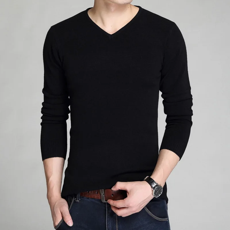 

CYSINCOS Men Sweaters Autumn Winter Thin Knitted Sweaters Solid Color V Neck Pull Homme Men Basic Simple Pullover Streetwear