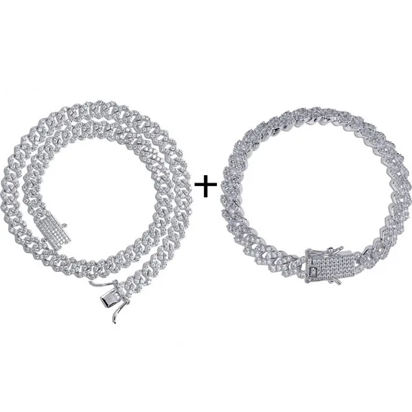 Necklace Bracelet Hip Hop Full Iced Out Zircon Paved Rhinestones 10MM Miami Curb Cuban Chain Bling Rapper Bracelet Necklaces For Men Jewelry - Окраска металла: Necklace Bracelet