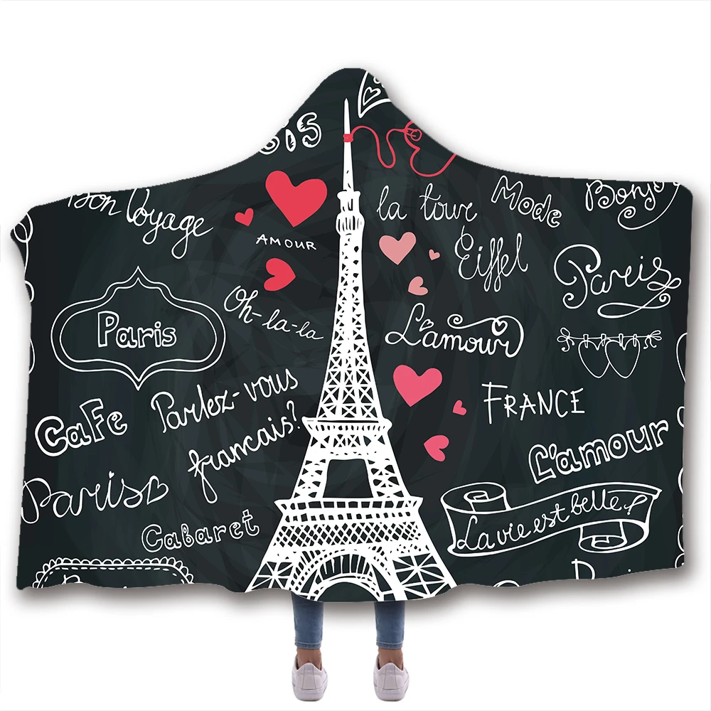 

Eiffel Tower Paris Print Hooded Blanket Fleece Blankets And Throws Blankets For Beds Double Layered Velvet Wearable Soft Blanket