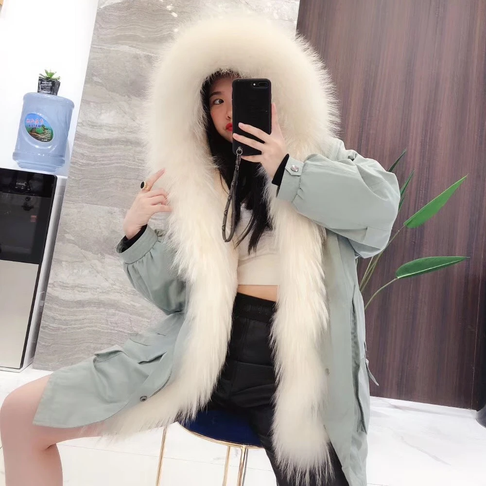 light green white OFTBUY натуральным лисьим мехом пальто Для женщин зимняя куртка настоящий пуховик с мехом лисы верхняя одежда теплая дутая куртка с мехом кролика вкладыш Уличная мода - Цвет: light green white