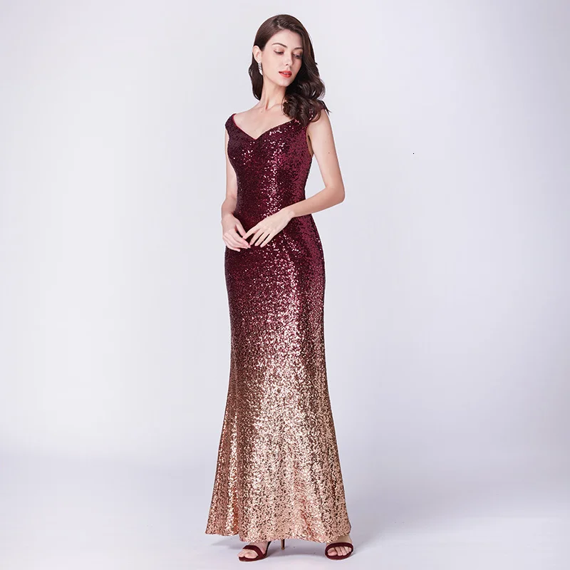 New Gold Sequin Dress Long Elegant Off The Shoulder V Neck Sequined Women Party Dress Sexy Club Dress Vestido Largo De Fiesta