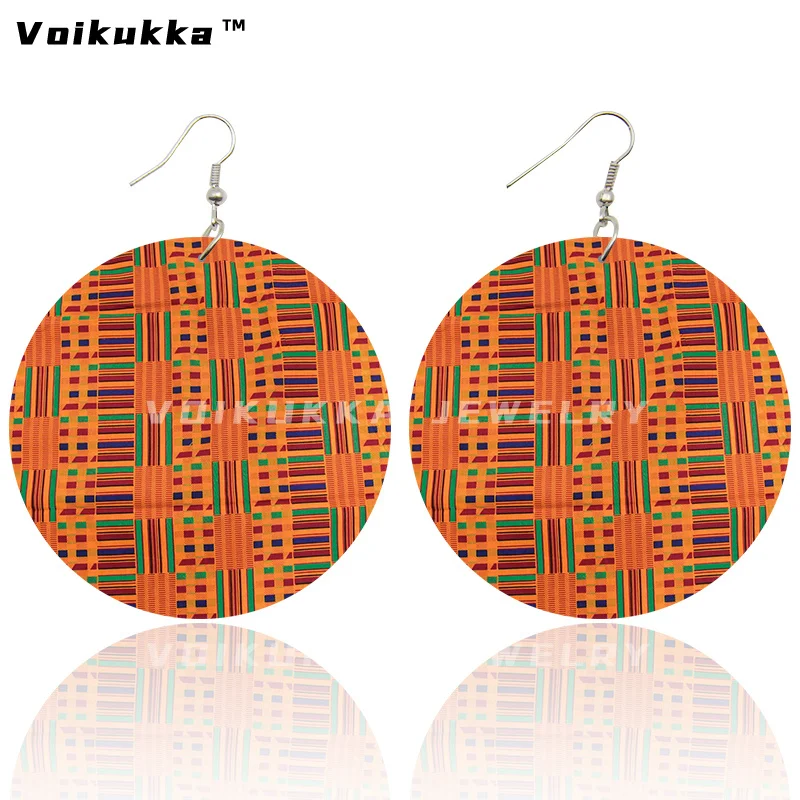 Voikukka Jewelry African Ethnic Fabric Pattern Leaf Wood Double Sides Print Round Drop Dangle Women Earrings Accessories 5