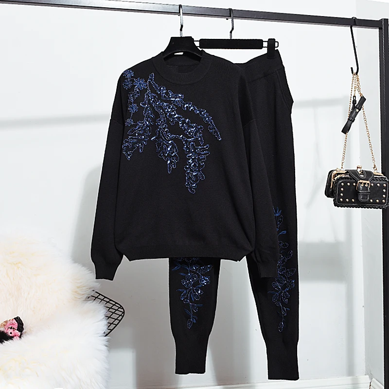 

Autumn Winter Beading Embroidery Knitted Set Women Long sleeve Sweater Long Pencil Pants 2pc Ladies Tracksuits Two Piece Outfits