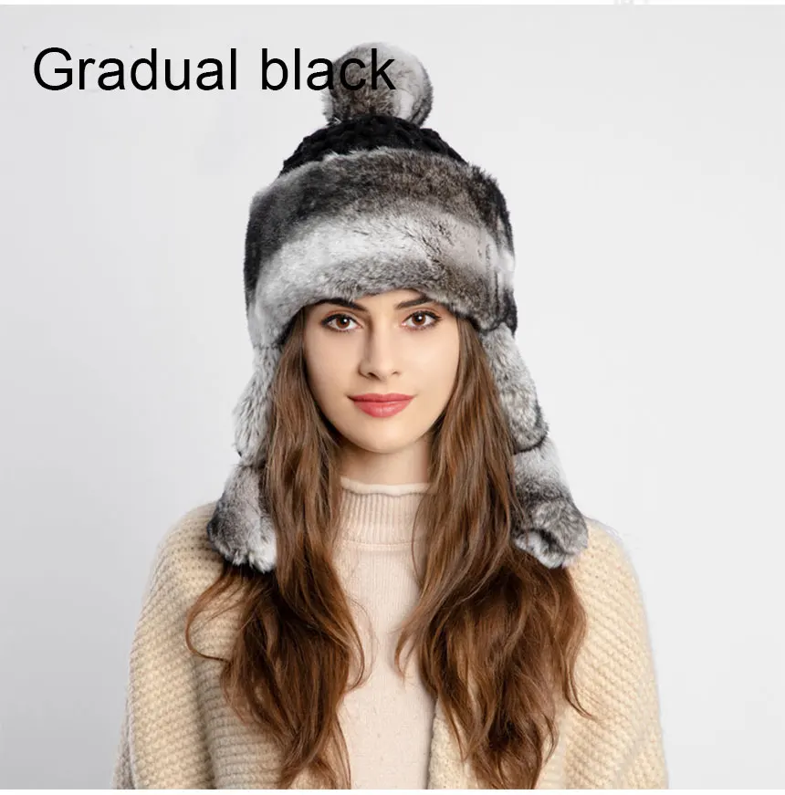 Gradient black Женская шапка из искусственного меха,, высокое качество, зимние вязаные шапки для женщин, теплая хлопковая вязаная меховая шапка, шапка-ушанка с градиентом - Цвет: Gradient black