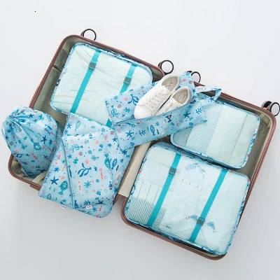 7 шт./компл. органайзер для путешествий багаж полиэстер все для дорожные сумки Органайзер чемоданы для хранения вакуумные пакеты для одежды кубики упаковочные сумки - Цвет: Fish together blue