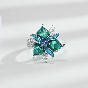 

Luxury Trendy Green Enamel Petal Flower Silver Wedding Engagement Rings for Women Creative Exaggerated Banquet Rings Jewelry