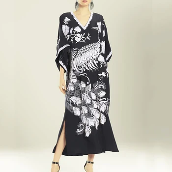 

Black Beach Cover up Quick-dry Peacock print Holiday Robe Bohemian Dress Sarong Plus size Bathing Swimsuit Bikini Cover up Wrap