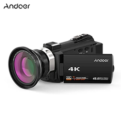 Andoer WiFi цифровая видеокамера 4K 1080P 48MP камера видеокамера рекордер с 0.39X макрообъектив микрофон сенсорный экран Ночной прицел - Цвет: Black plus Lens