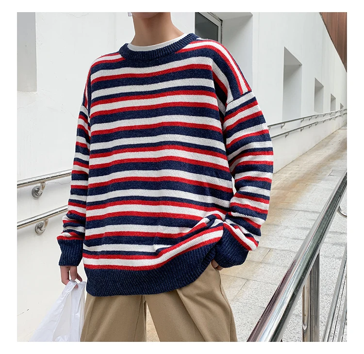 Пуловер свитер мужской хип-хоп Свободный Harajuku Радужный полосатый уличная мода вязание мужские свитера джемперы в полоску стильный