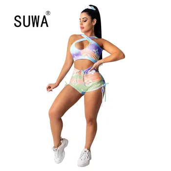 

Wholesale Women Tie Dye Halter Neck Crop Tops Stacked Tie Up Shorts Active Wear Tracksuit Two Piece Pants Set Fitness Outfits
