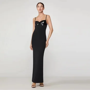 

2019 New Black Elegant Maxi Bandage Dresses Women Fashion Sequined Sexy Spaghetti Strap Bodycon Long Evening Party Vestidos