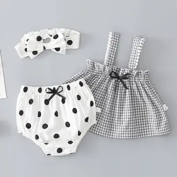 

Summer Baby girl Hairband + striped sling skirt + polka dot shorts 3 Pcs Sets