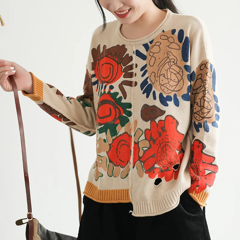

Fashion Ripped Hole Cotton Sweater O-Neck Asymmetrical Pullovers Streetwear Flower Pattern Knitted Tops Outerwear High Quality