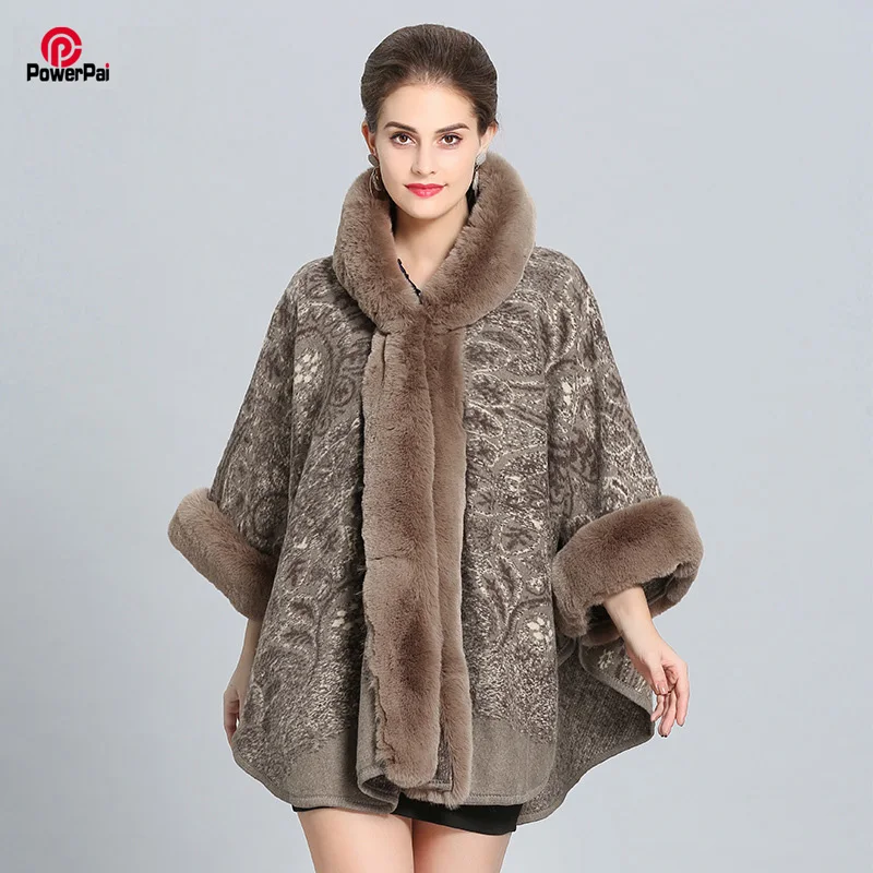 

Thick Warm Soft Faux Rex Rabbit Fur Cape Coat Hooded Paisley Wool Overcoat Imitated Cashmere Cloak Shawl Mother Winter New Gift