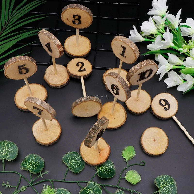 1-10 Rustic Wood Table Numbers Slices Stick Stand Base Seat Cards Decor Retro Wedding Party Supplies Party Direction Signs