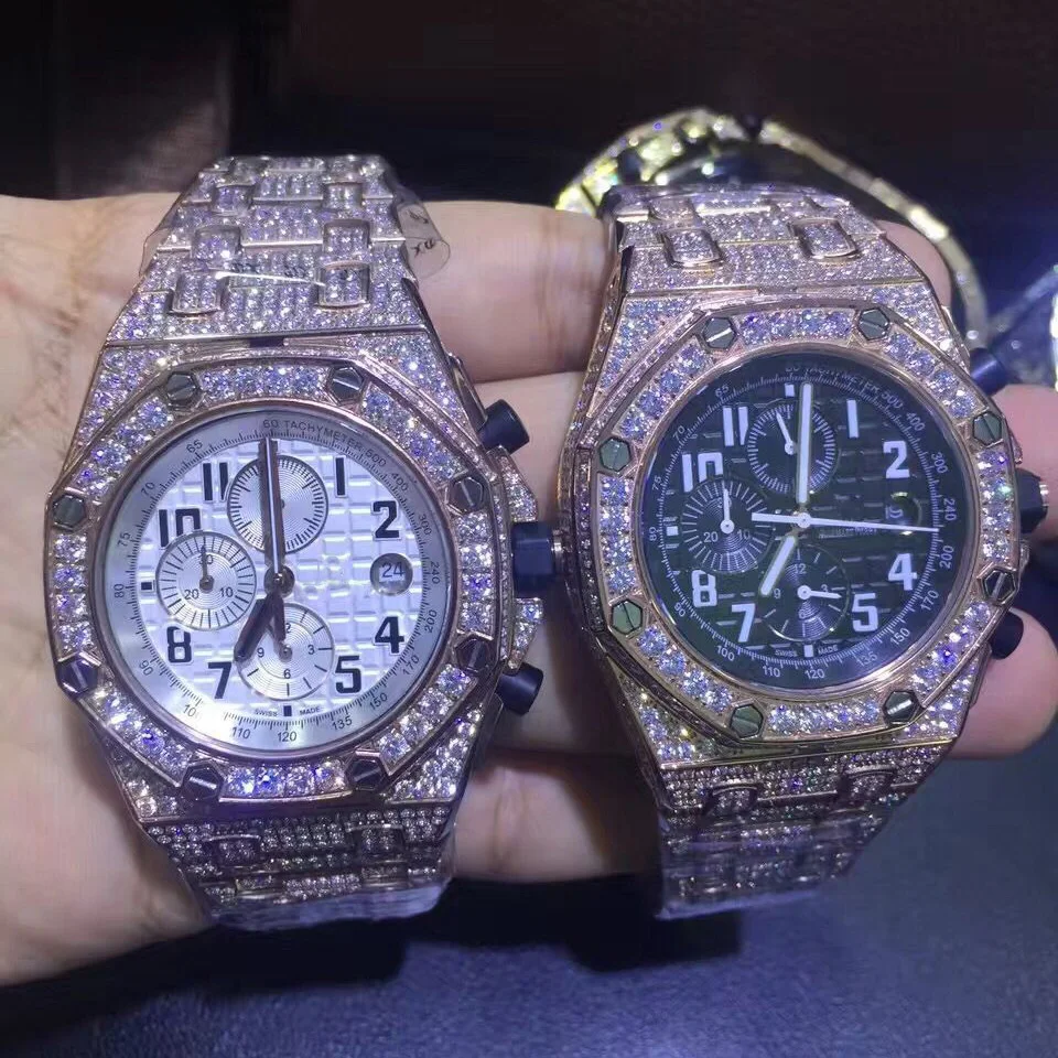 

Mens rose gold iced out full diamonds watch super quality iced out quartz watches chronograph function works with box