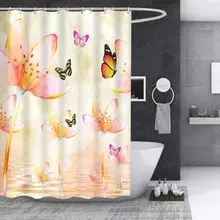 

Pink Floral Shower Curtain ,Vivid Butterfly Wild Flowers Lake Therapy Spa Art,with Hooks Waterproof Fabric Shower Curtain Decor