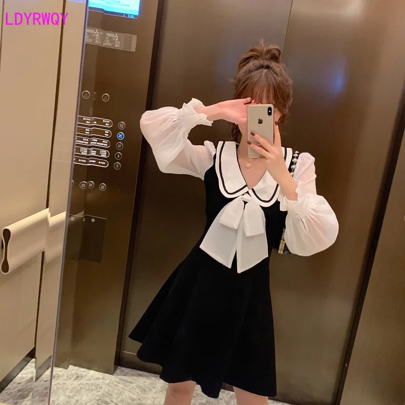 

2019 autumn and winter new Korean women's temperament stitching contrast color chiffon bow lanterns sleeves sweet dress A-Line