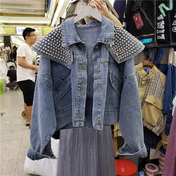 

Streetwear rivet denim jacket short loose vintage jeans jacket women Punk style jackets 2020 spring new arrival chaqueta mujer