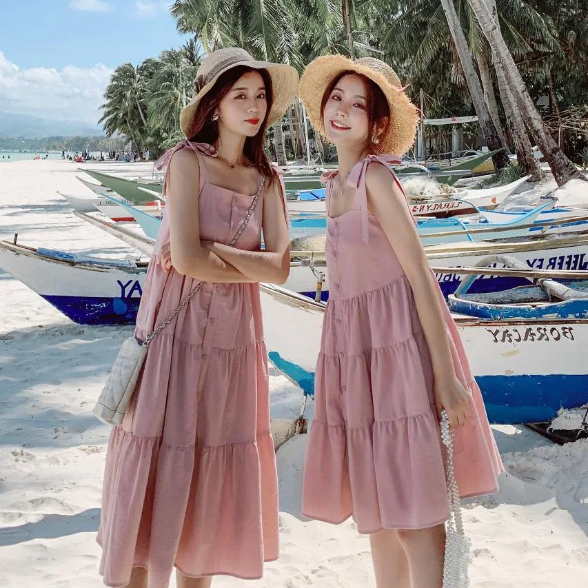 

Photo Shoot Main Push CHIC Gentle Wind Pink Camisole Single Breasted Loose-Fit Best Friend Flounced Holiday Beach One-piece Dres