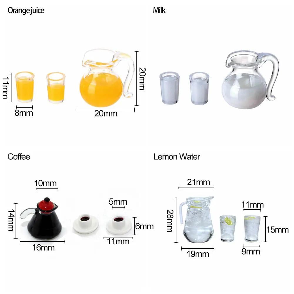 1Set 1/12 Scale Simulation Miniature Drinks Jug Cup Coffee Milk Lemon Water Orange Juice Drinking Model Doll Accessories
