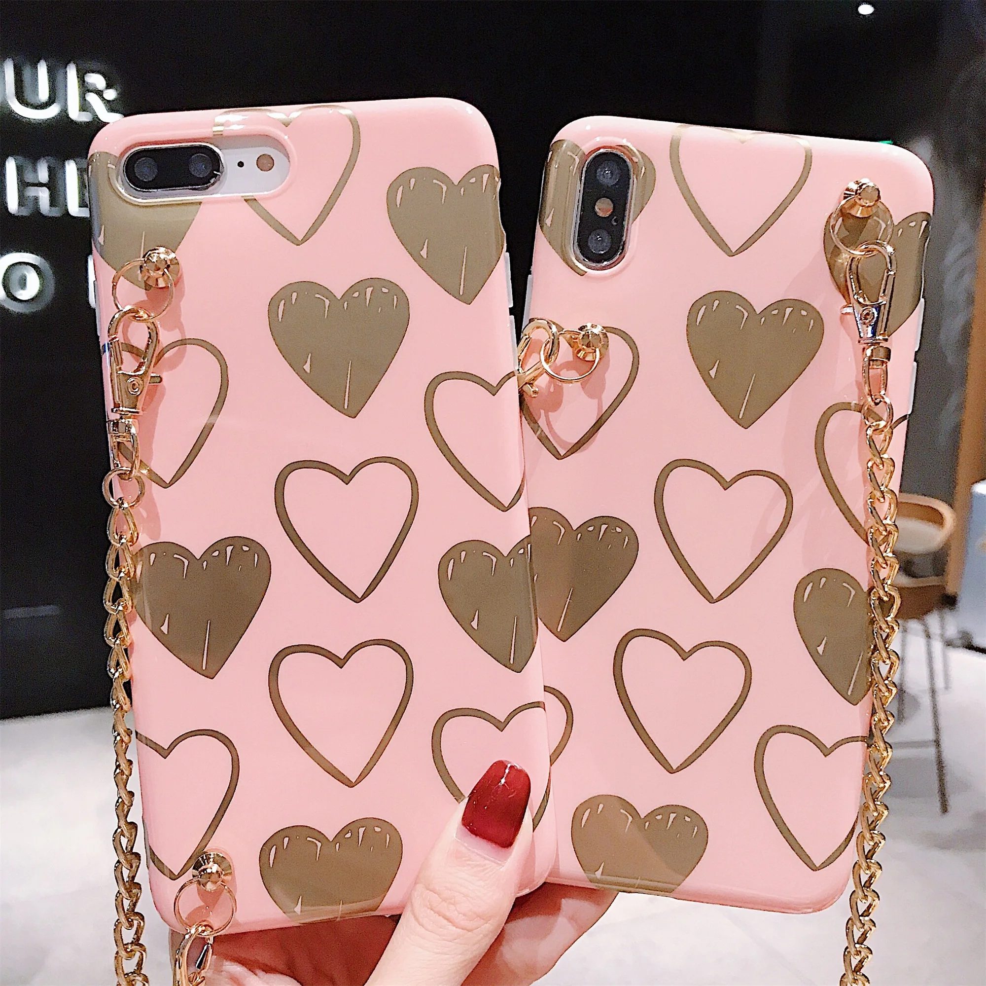 

Case for iPhone 7 8 7Plus 6S X XS XR XSMAX Pink heart pattern mobile phone bags soft TPU shell Metal suspension chain