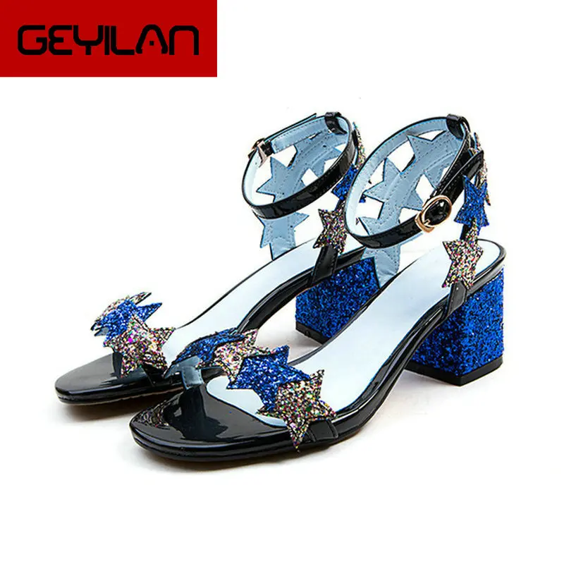

2019 New Genuine Leather Shoes Female Summer Gladiator Sandals Thick Low Heels Open Toe Buckle Party Casual Shoes Silver Blue