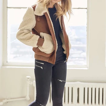 

2019 Autumn-Winter Women Casual Khaki Fur With Wool Patchwork Warm Jacket Female Fashion Thick Suedette Woolen Outwear Coat Femm