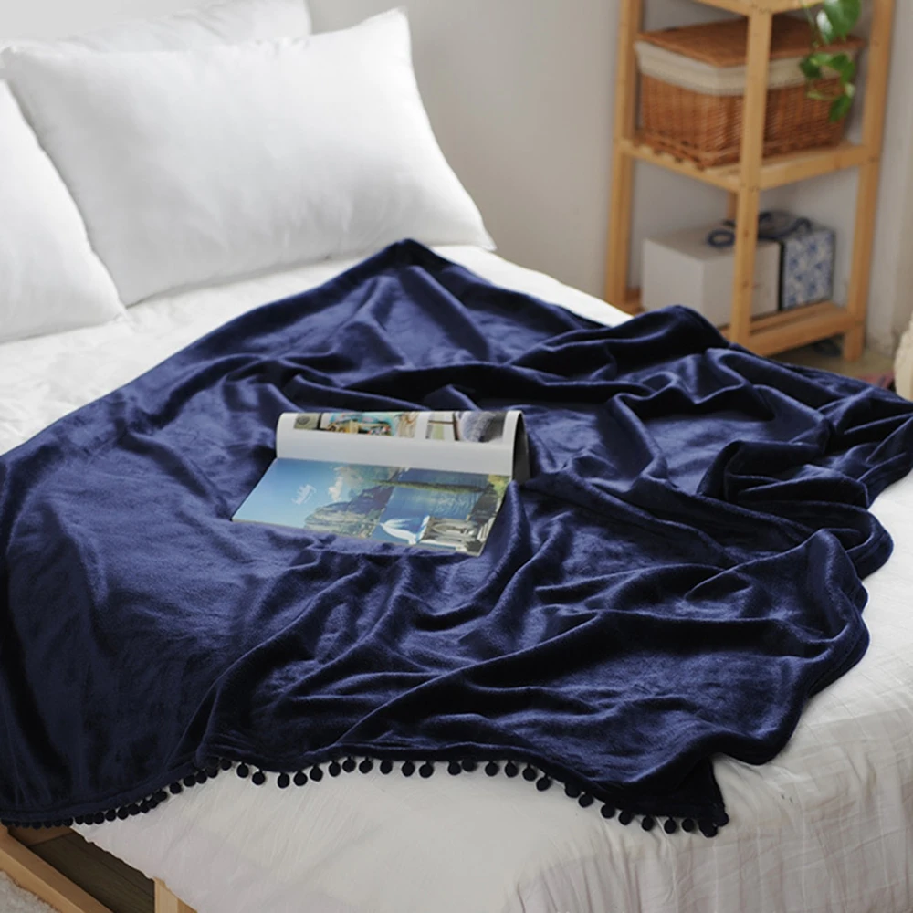 

Winter Warm Soft Crystal Velvet Blanket Throw with Tassels Balls Comfy Home Bedding Sofa Baby Solid Blanket D30